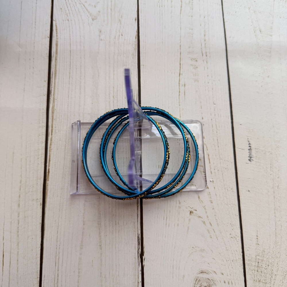 Teal Blue and Gold Bangle Bracelets - Picture 2 of 5